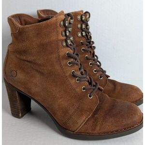 Born Brown Suede Lace-Up Ankle Boots Women's Size 7 Block Heel Zip Up